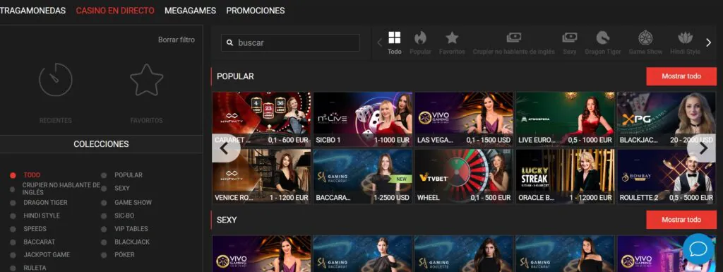 Juegos en vivo de megapari